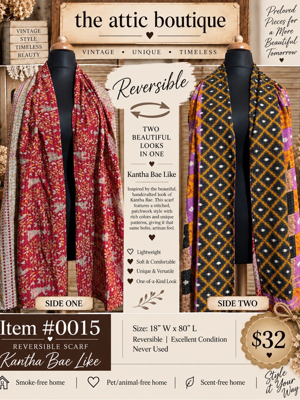 Reversible Kantha-Style Scarf Jacket — Red & Black Patterned Wrap